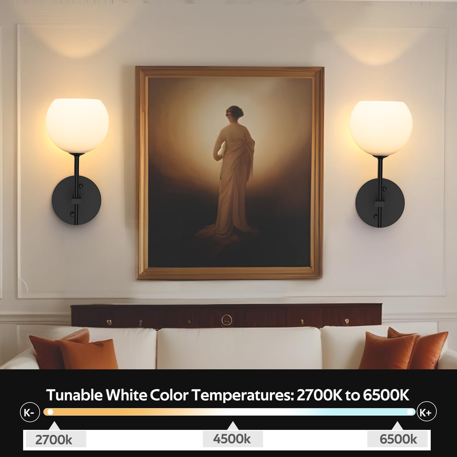 MOITA Wall Sconces Set of Two, Wireless Battery Operated Wall Decor with Remote, Sconces Wall Lighting with Glass Shade, Upward and Downward Installation, 12 RGB Colors and 3 CCT Options