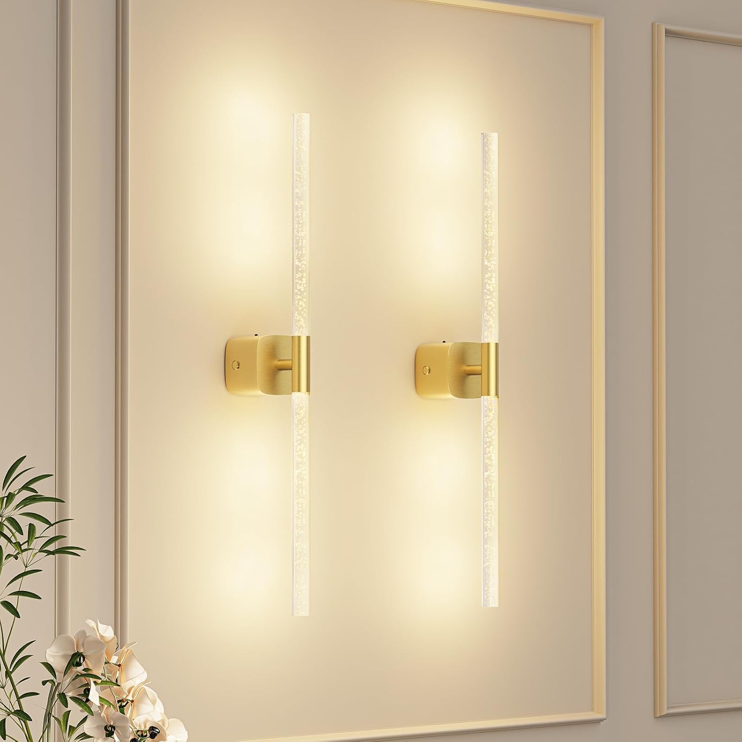 MOITA Gold Battery Operated Wall Sconce Set of 2, Rechargeable Wireless Wall Lights with Remote and Touch, 360° Rotatable Sconces Wall Decor for Bedroom Living Room (23.62 Inch, 2-Pack)