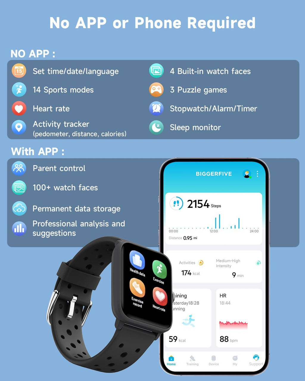 BIGGERFIVE Smart Watch for Kids Without APP, Fitness Tracker Watch Pedometer, Heart Rate, 5ATM Waterproof, Sleep Monitor, Calorie Step Counter, Games, Alarm Clock for Boys Girls 5-14, Porous Black