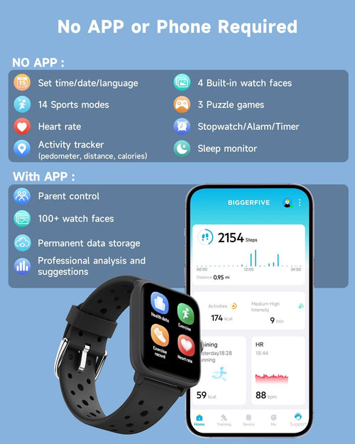 BIGGERFIVE Smart Watch for Kids Without APP, Fitness Tracker Watch Pedometer, Heart Rate, 5ATM Waterproof, Sleep Monitor, Calorie Step Counter, Games, Alarm Clock for Boys Girls 5-14, Porous Black