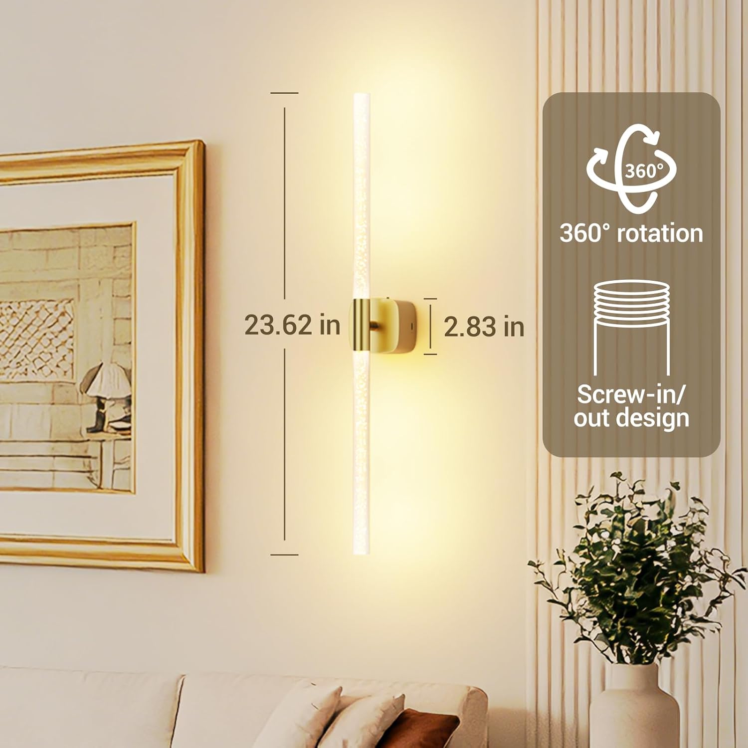 MOITA Gold Battery Operated Wall Sconce Set of 2, Rechargeable Wireless Wall Lights with Remote and Touch, 360° Rotatable Sconces Wall Decor for Bedroom Living Room (23.62 Inch, 2-Pack)
