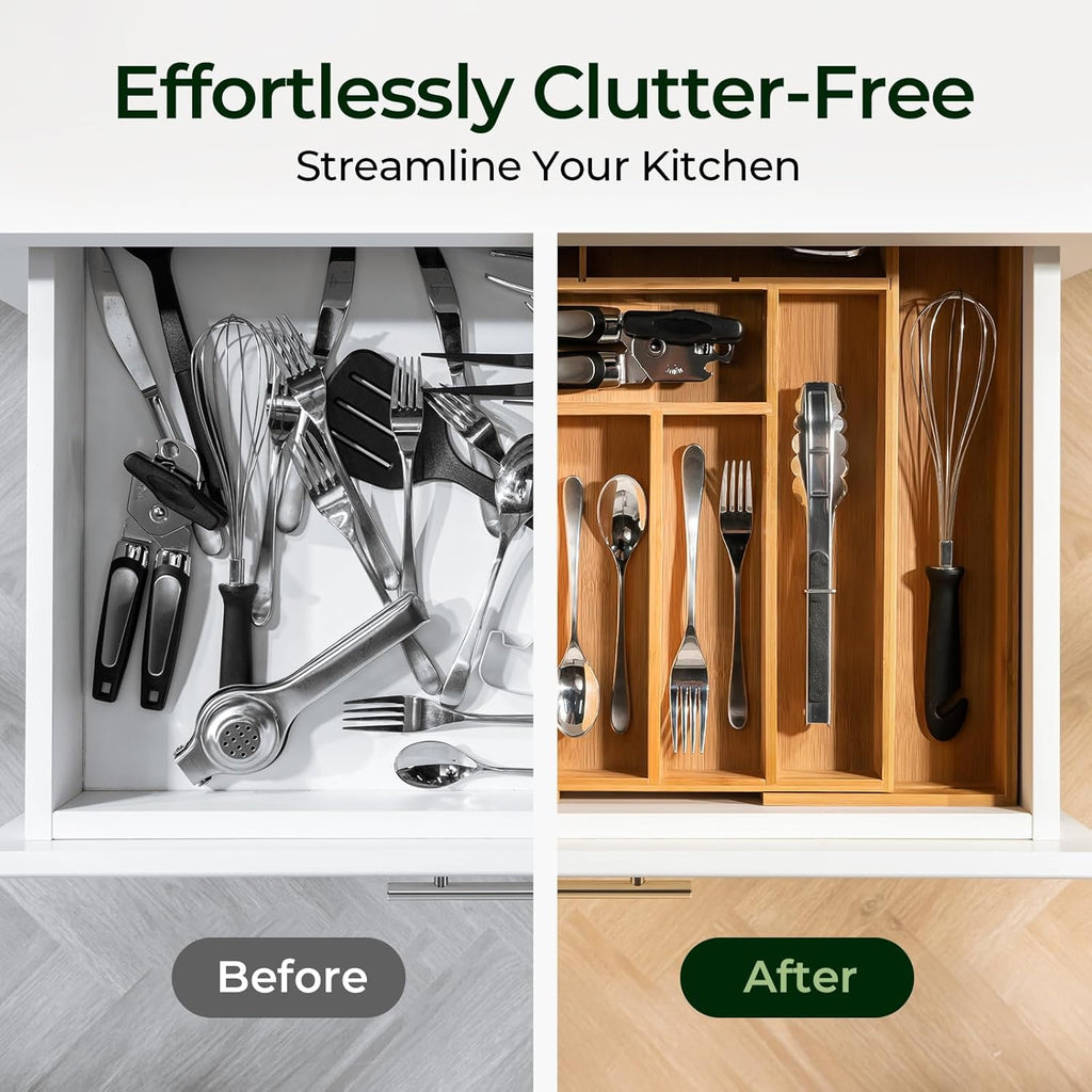 Carbonized Bamboo Kitchen Drawer Organizer, 10 Slots Expandable Silverware Organizer, Utensil Holder & Cutlery Tray, 2.2" Deep for Extra Capacity, Non-Slip Feet Included