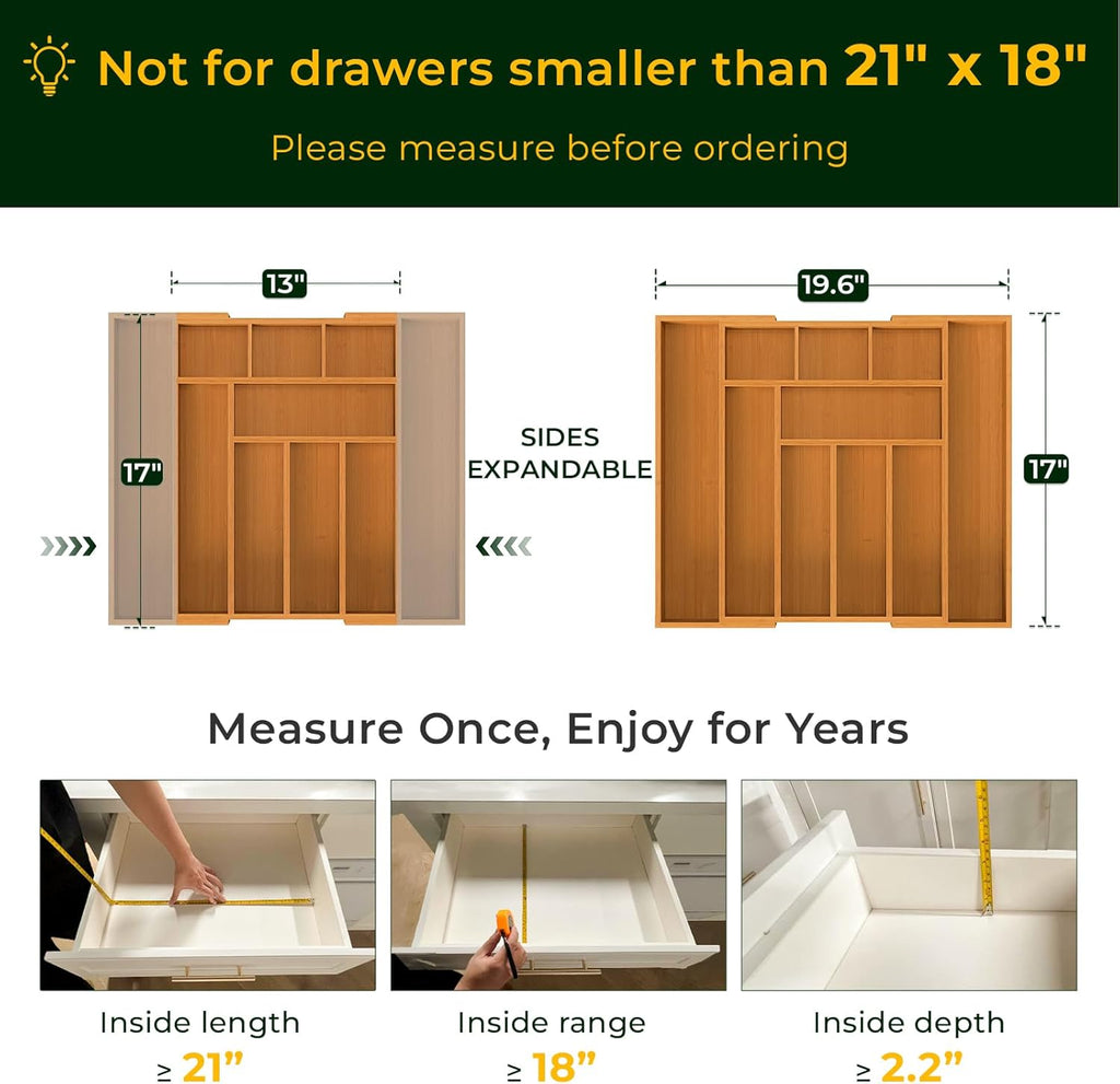Carbonized Bamboo Kitchen Drawer Organizer, 10 Slots Expandable Silverware Organizer, Utensil Holder & Cutlery Tray, 2.2" Deep for Extra Capacity, Non-Slip Feet Included