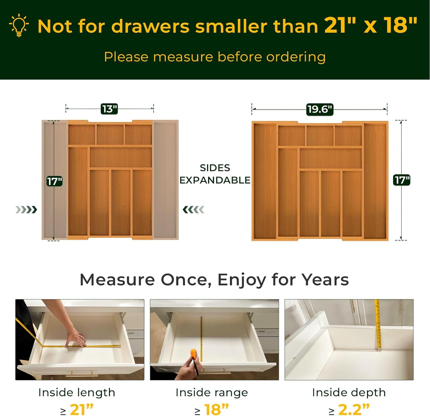 Carbonized Bamboo Kitchen Drawer Organizer, 10 Slots Expandable Silverware Organizer, Utensil Holder & Cutlery Tray, 2.2" Deep for Extra Capacity, Non-Slip Feet Included