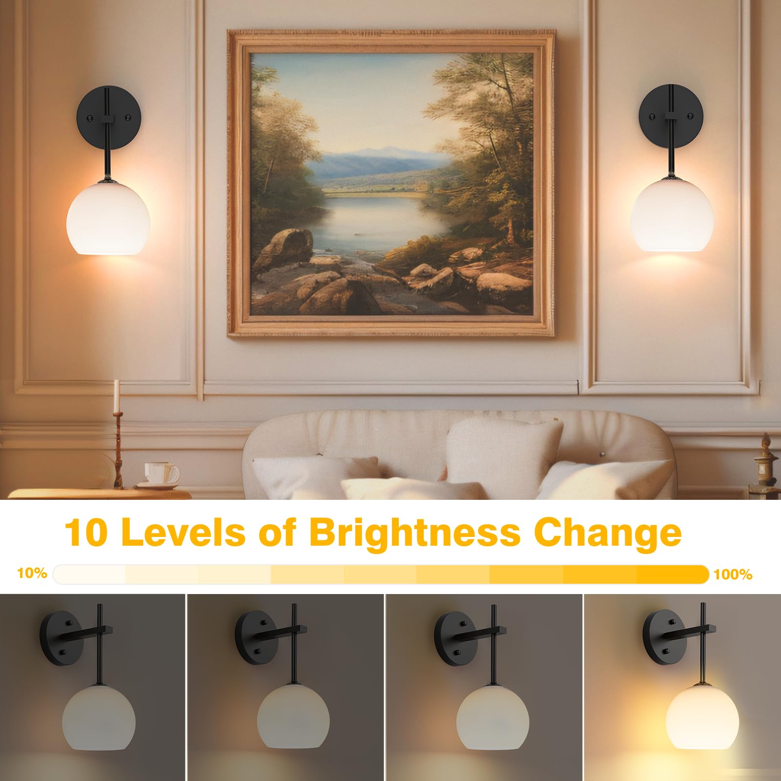 MOITA Wall Sconces Set of Two, Wireless Battery Operated Wall Decor with Remote, Sconces Wall Lighting with Glass Shade, Upward and Downward Installation, 12 RGB Colors and 3 CCT Options