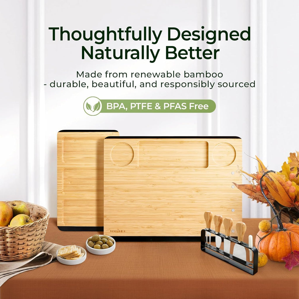 Charcuterie Boards Set of Christmas Gifts: Large Bamboo Cheese Board Set with Chalkboard Edge & Forks Set - Ideal for Housewarming Gift, Weddings, Bridal Showers, and Unique Gifts for Womem