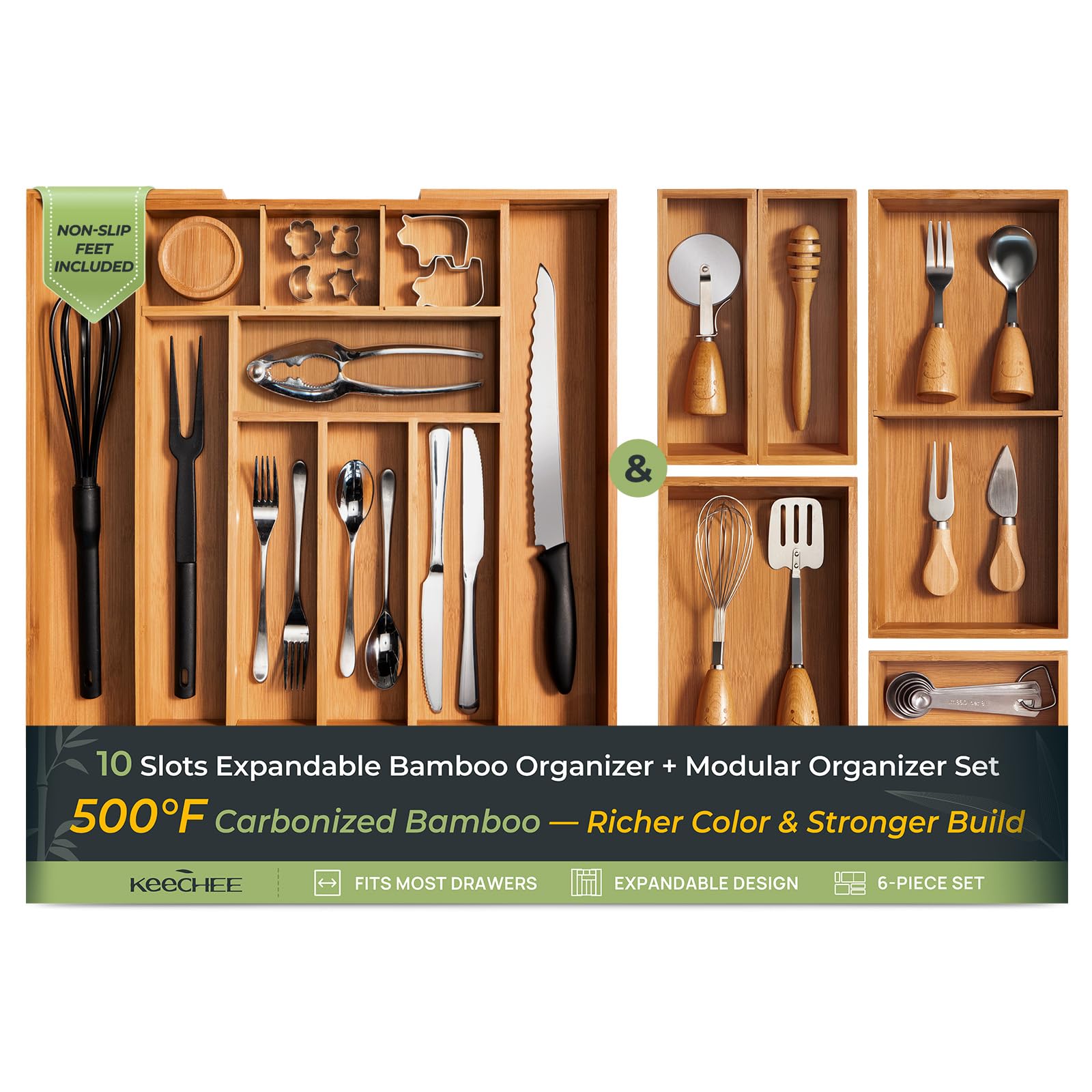 Carbonized Bamboo Kitchen Drawer Organizer, 10 Slots Expandable Silverware Organizer, Utensil Holder & Cutlery Tray, 2.2" Deep for Extra Capacity, Non-Slip Feet Included