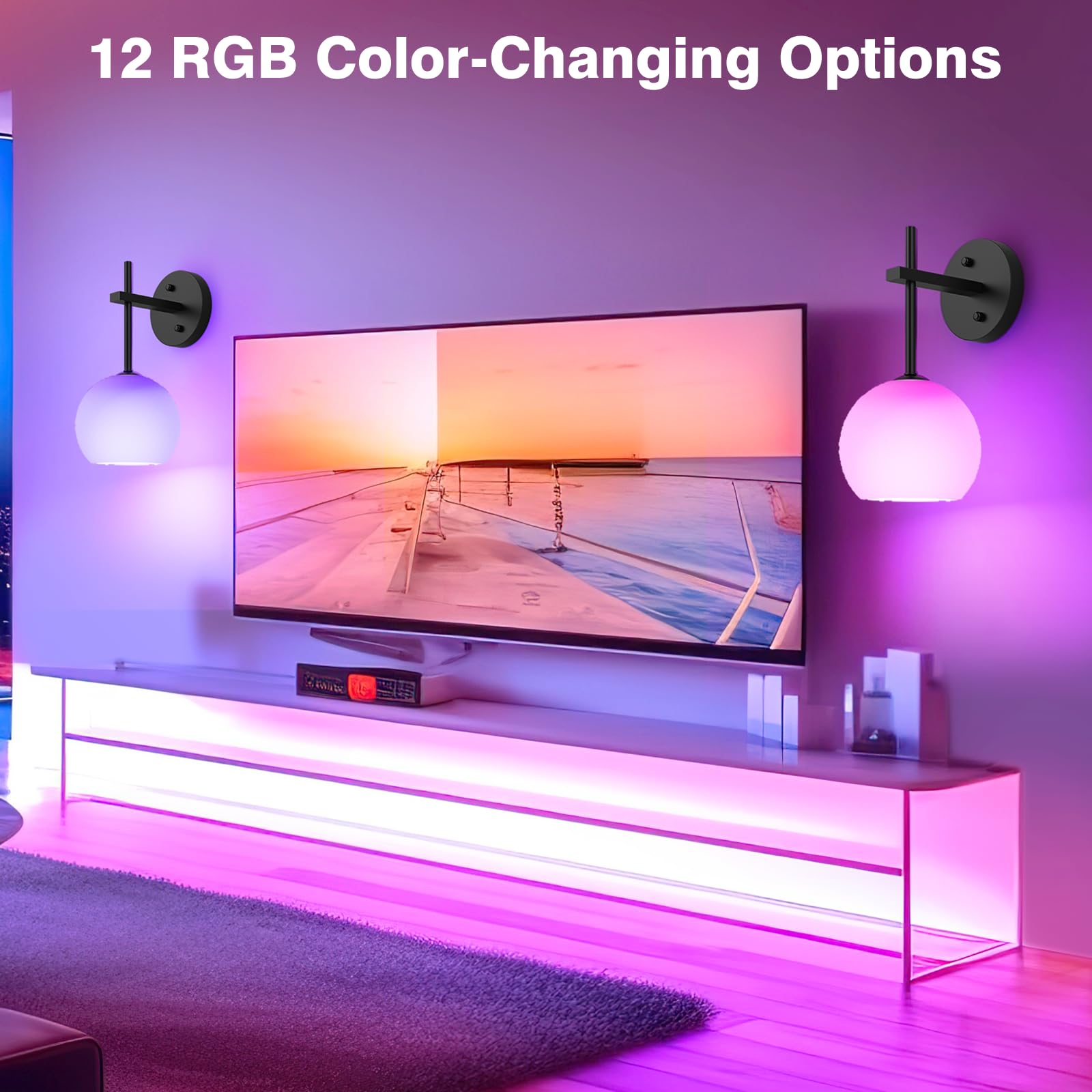 MOITA Wall Sconces Set of Two, Wireless Battery Operated Wall Decor with Remote, Sconces Wall Lighting with Glass Shade, Upward and Downward Installation, 12 RGB Colors and 3 CCT Options