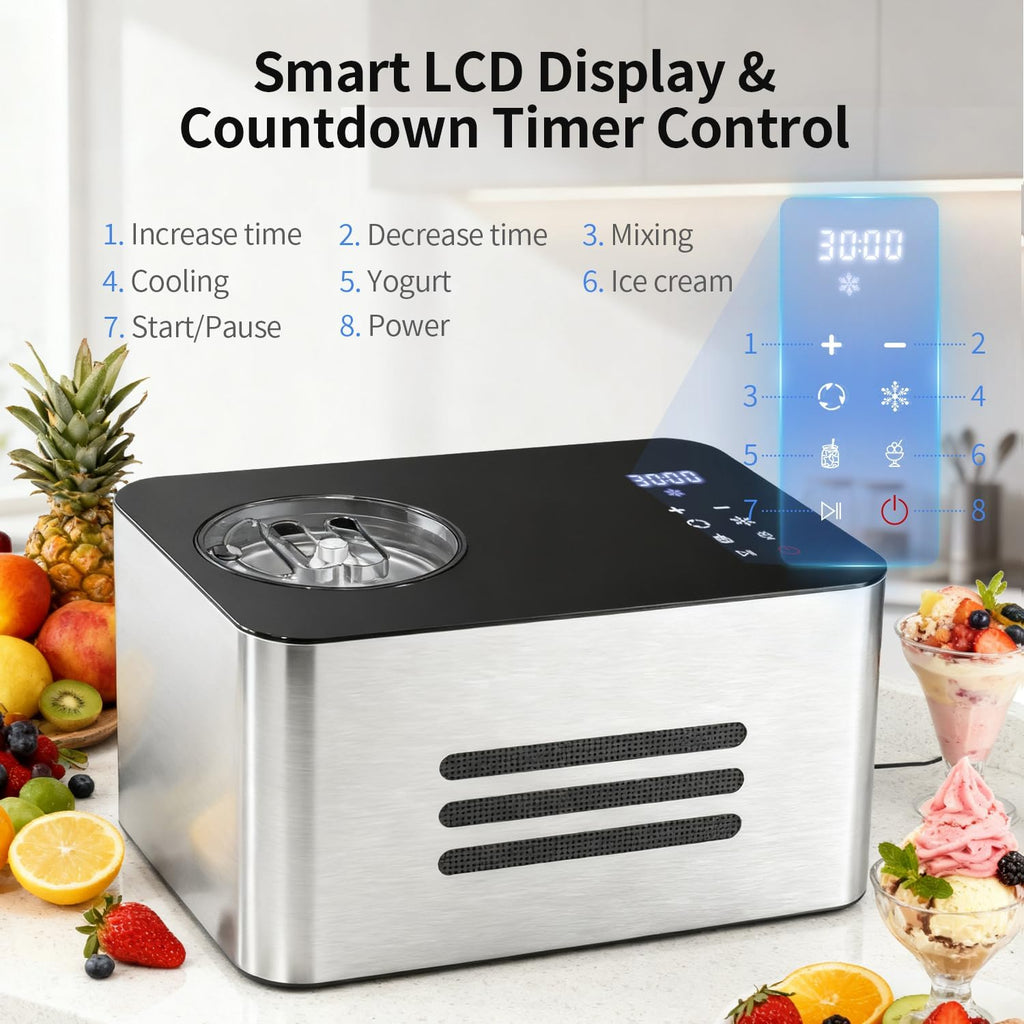 Ice Cream Maker Machine with Compressor: 2.1 Quart Stainless Steel Yogurt Maker - No Pre-Freeze Ice Cream Machine with LCD Display & Timer