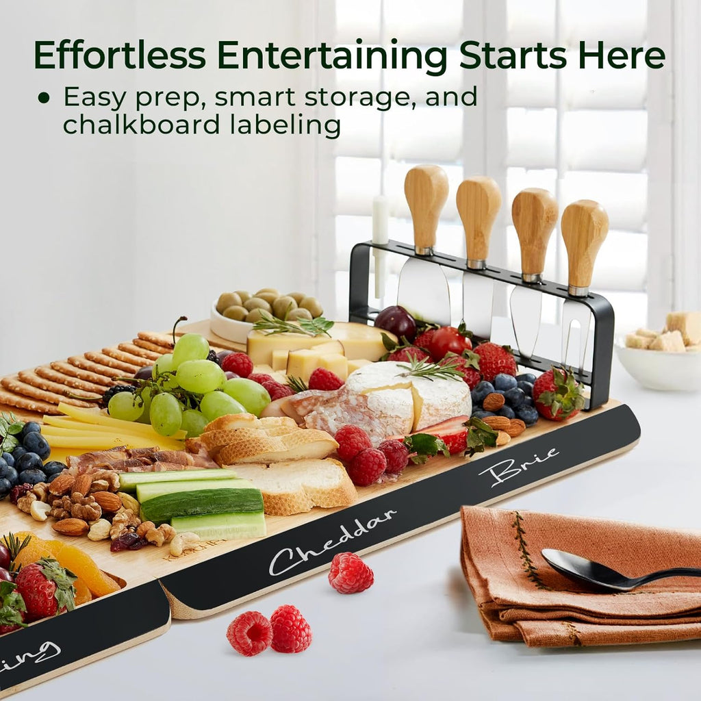 Charcuterie Boards Set of Christmas Gifts: Large Bamboo Cheese Board Set with Chalkboard Edge & Forks Set - Ideal for Housewarming Gift, Weddings, Bridal Showers, and Unique Gifts for Womem