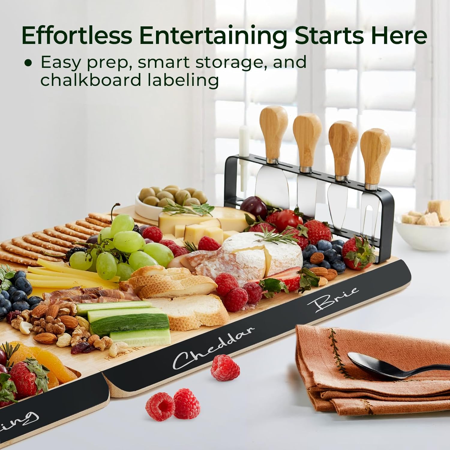 Charcuterie Boards Set of Christmas Gifts: Large Bamboo Cheese Board Set with Chalkboard Edge & Forks Set - Ideal for Housewarming Gift, Weddings, Bridal Showers, and Unique Gifts for Womem