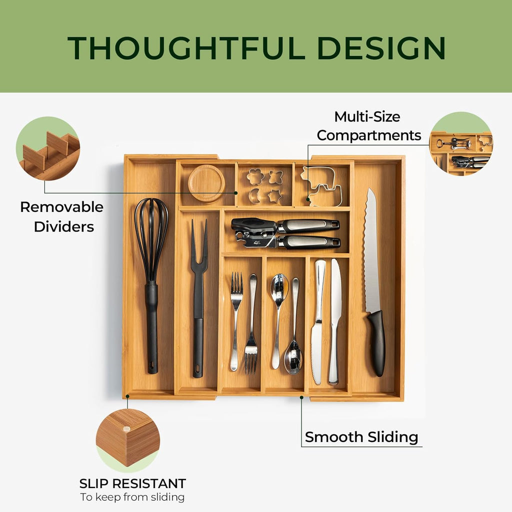 Carbonized Bamboo Kitchen Drawer Organizer, 10 Slots Expandable Silverware Organizer, Utensil Holder & Cutlery Tray, 2.2" Deep for Extra Capacity, Non-Slip Feet Included