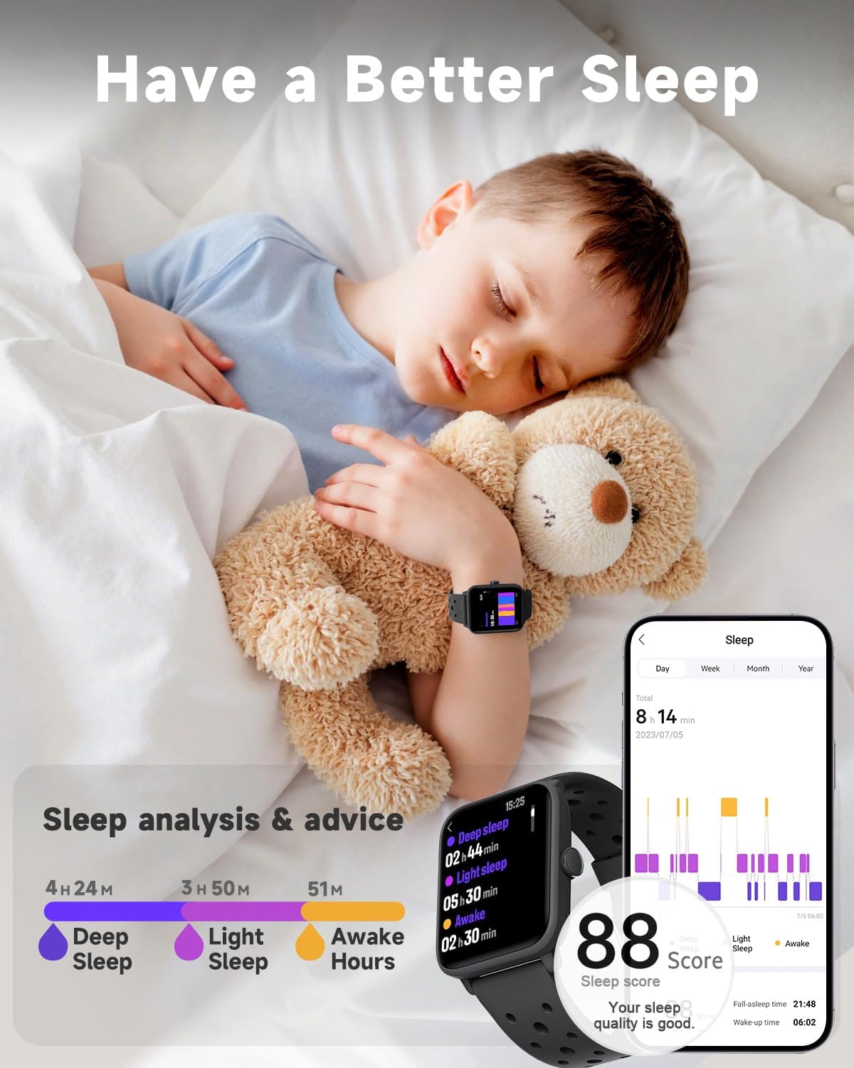 BIGGERFIVE Smart Watch for Kids Without APP, Fitness Tracker Watch Pedometer, Heart Rate, 5ATM Waterproof, Sleep Monitor, Calorie Step Counter, Games, Alarm Clock for Boys Girls 5-14, Porous Black