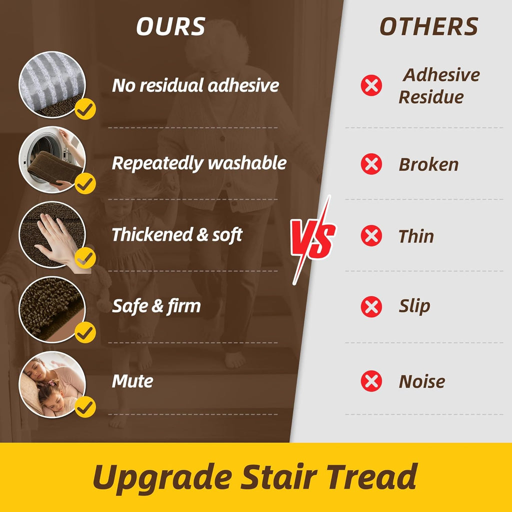 Non-Slip Stair Treads for Wooden Steps Indoor, 4 Pack 8" X 30" Edging Stair Rugs with TPE Backing, Carpet Stair Treads for Kids Elders & Pets, 100% Polyester Soft Stair Runners, Brown