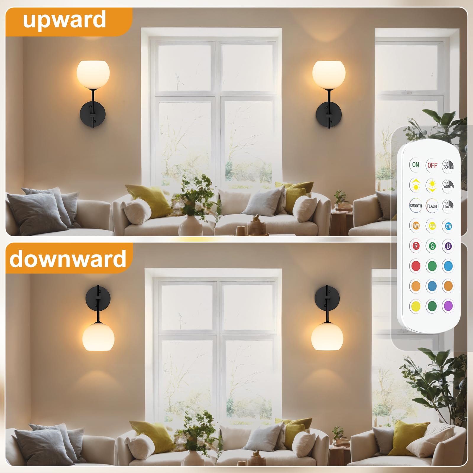 MOITA Wall Sconces Set of Two, Wireless Battery Operated Wall Decor with Remote, Sconces Wall Lighting with Glass Shade, Upward and Downward Installation, 12 RGB Colors and 3 CCT Options