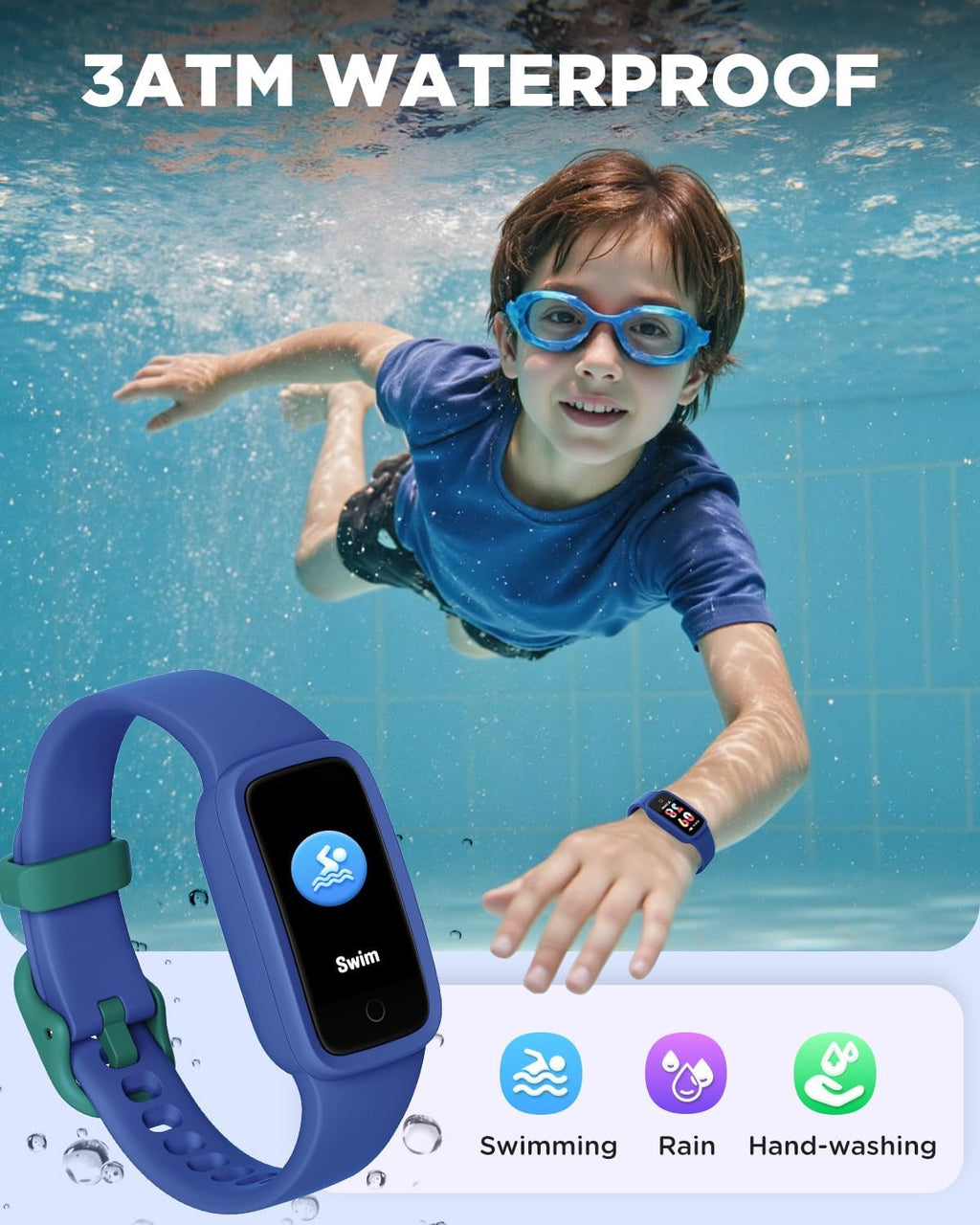 BIGGERFIVE Vigor 3 Kids Fitness Tracker Watch, AMOLED Screen, No App No Phone Needed, 3ATM Waterproof, Heart Rate and Sleep Monitor, Pedometer Watch, Sports Step Counter for Boys Girls Ages 5-15, Blue