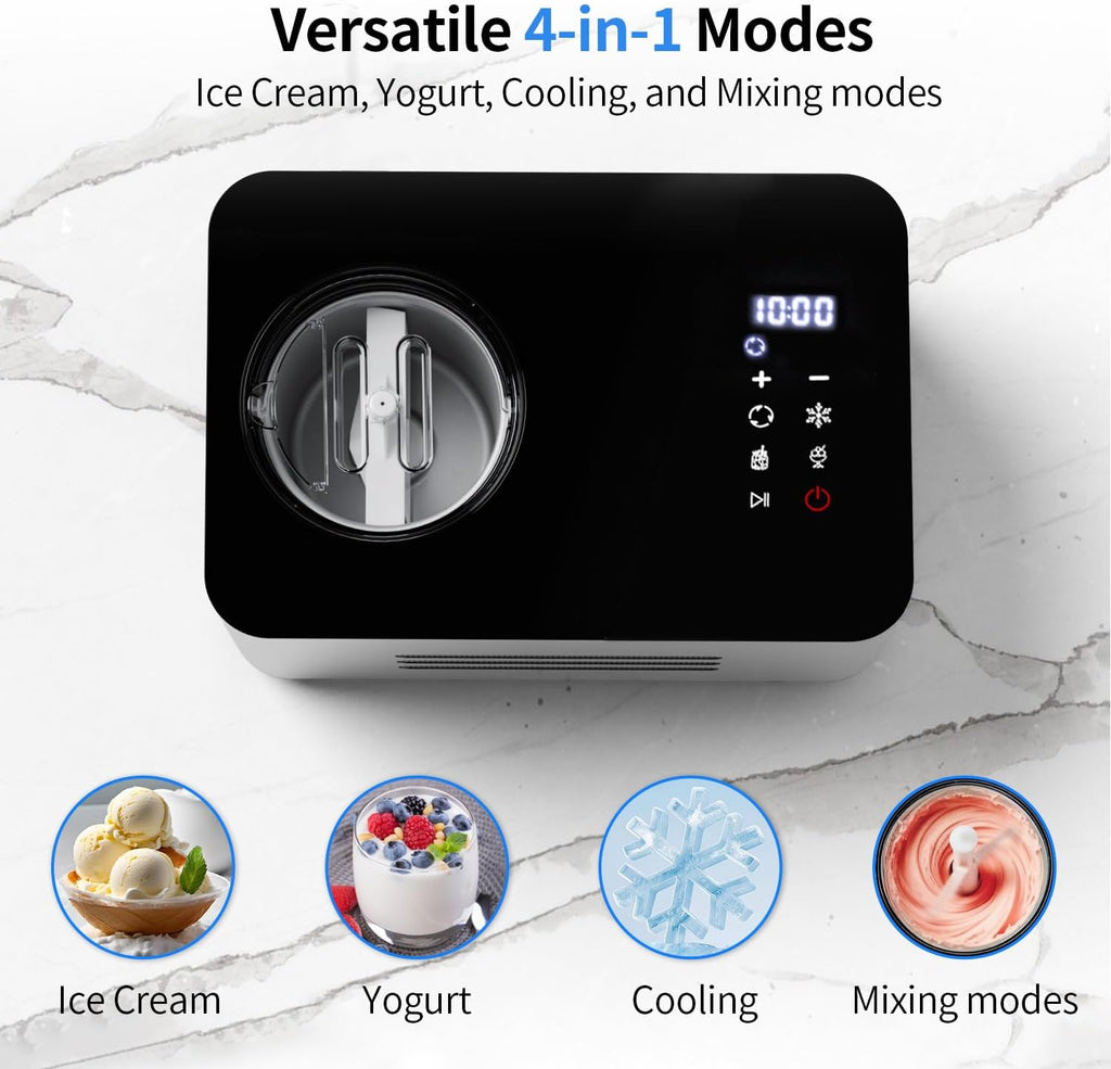 Ice Cream Maker Machine with Compressor: 2.1 Quart Stainless Steel Yogurt Maker - No Pre-Freeze Ice Cream Machine with LCD Display & Timer