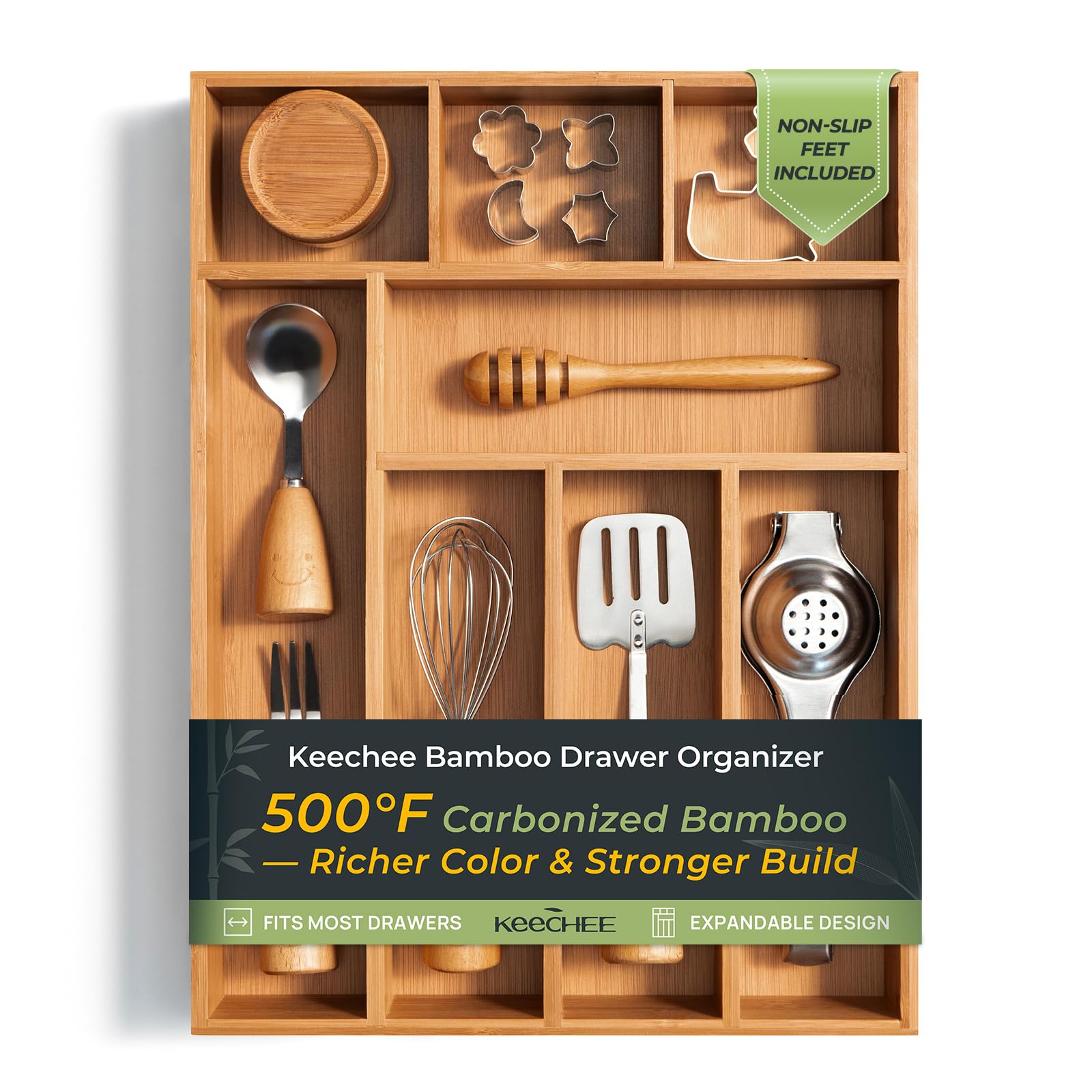 Carbonized Bamboo Kitchen Drawer Organizer, 10 Slots Expandable Silverware Organizer, Utensil Holder & Cutlery Tray, 2.2" Deep for Extra Capacity, Non-Slip Feet Included