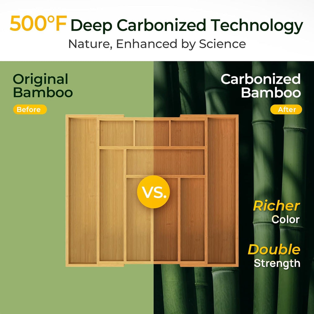 Carbonized Bamboo Kitchen Drawer Organizer, 10 Slots Expandable Silverware Organizer, Utensil Holder & Cutlery Tray, 2.2" Deep for Extra Capacity, Non-Slip Feet Included