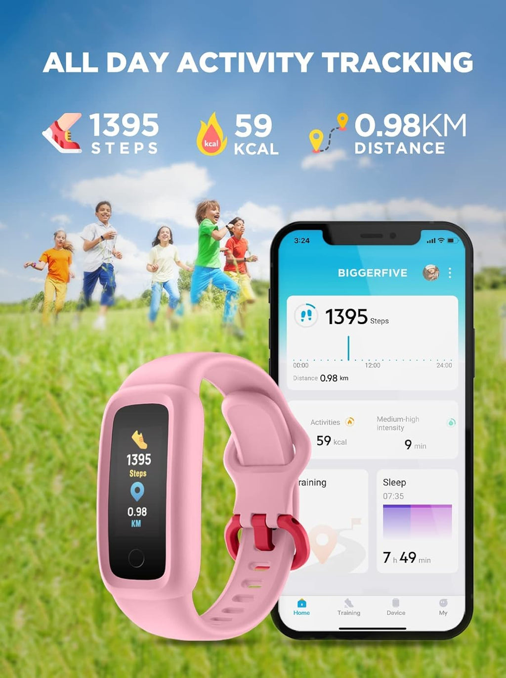 BIGGERFIVE Vigor 2 Kids Fitness Tracker Watch for Girls Boys Ages 5-12, IP68 Waterproof, Activity Tracker, Pedometer, Heart Rate Sleep Monitor, Calorie Step Counter Watch