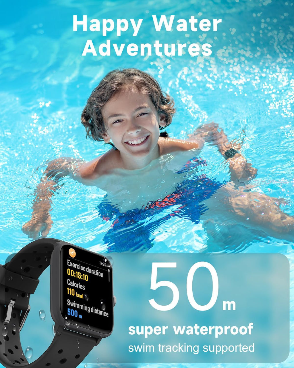 BIGGERFIVE Smart Watch for Kids Without APP, Fitness Tracker Watch Pedometer, Heart Rate, 5ATM Waterproof, Sleep Monitor, Calorie Step Counter, Games, Alarm Clock for Boys Girls 5-14, Porous Black