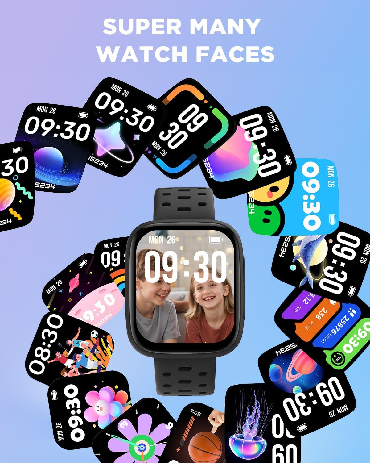 BIGGERFIVE Kids Watch No Phone Needed, 1.8" Amoled Smart Fitness Watch Pedometer, Heart Rate, Sleep Tracker, 30m Waterproof, Step Counter, Puzzle Games, 100+ Dials, Gifts for Boys Girls 5-16, Black
