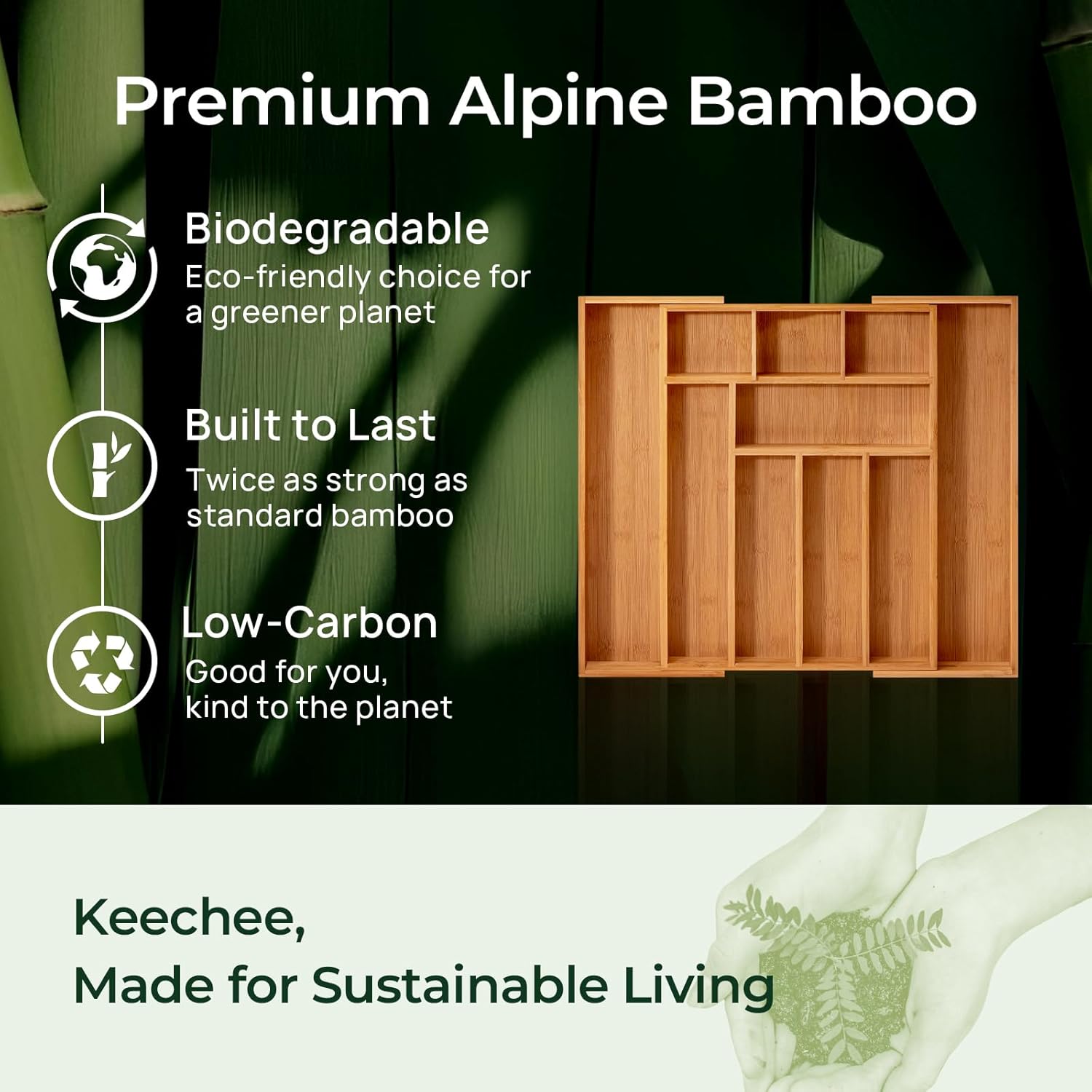 Carbonized Bamboo Kitchen Drawer Organizer, 10 Slots Expandable Silverware Organizer, Utensil Holder & Cutlery Tray, 2.2" Deep for Extra Capacity, Non-Slip Feet Included