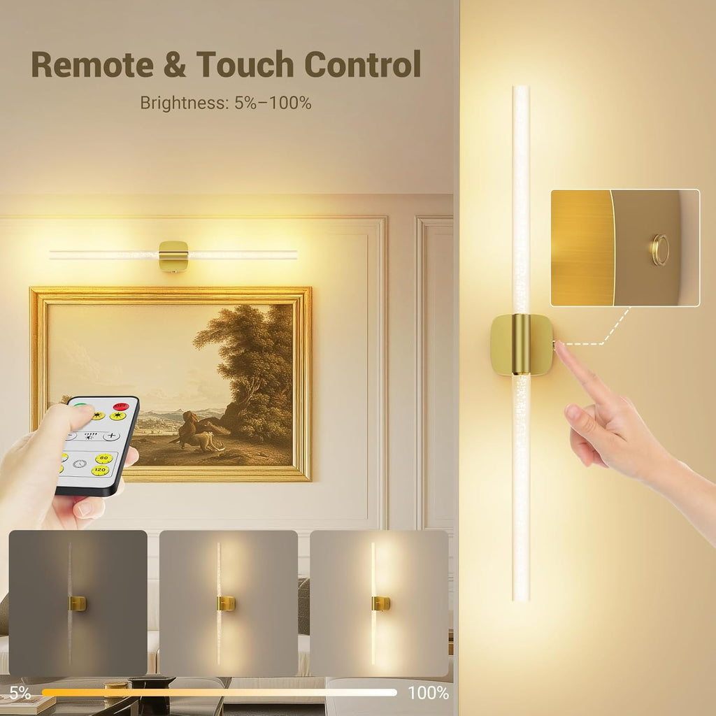 MOITA Gold Battery Operated Wall Sconce Set of 2, Rechargeable Wireless Wall Lights with Remote and Touch, 360° Rotatable Sconces Wall Decor for Bedroom Living Room (23.62 Inch, 2-Pack)