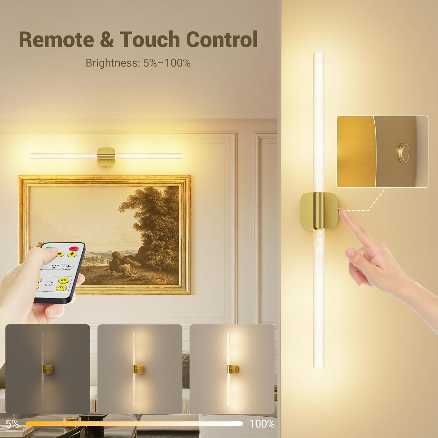 MOITA Gold Battery Operated Wall Sconce Set of 2, Rechargeable Wireless Wall Lights with Remote and Touch, 360° Rotatable Sconces Wall Decor for Bedroom Living Room (23.62 Inch, 2-Pack)