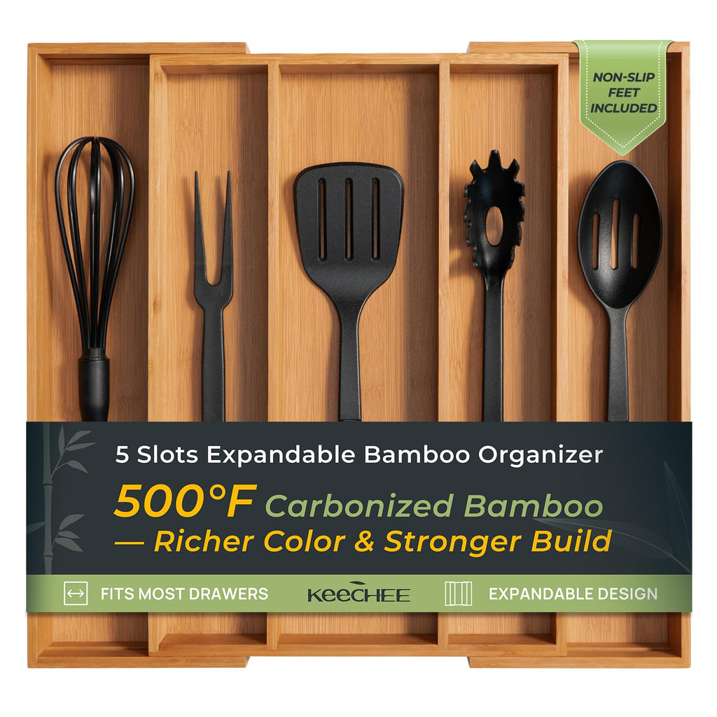 Carbonized Bamboo Kitchen Drawer Organizer, 10 Slots Expandable Silverware Organizer, Utensil Holder & Cutlery Tray, 2.2" Deep for Extra Capacity, Non-Slip Feet Included
