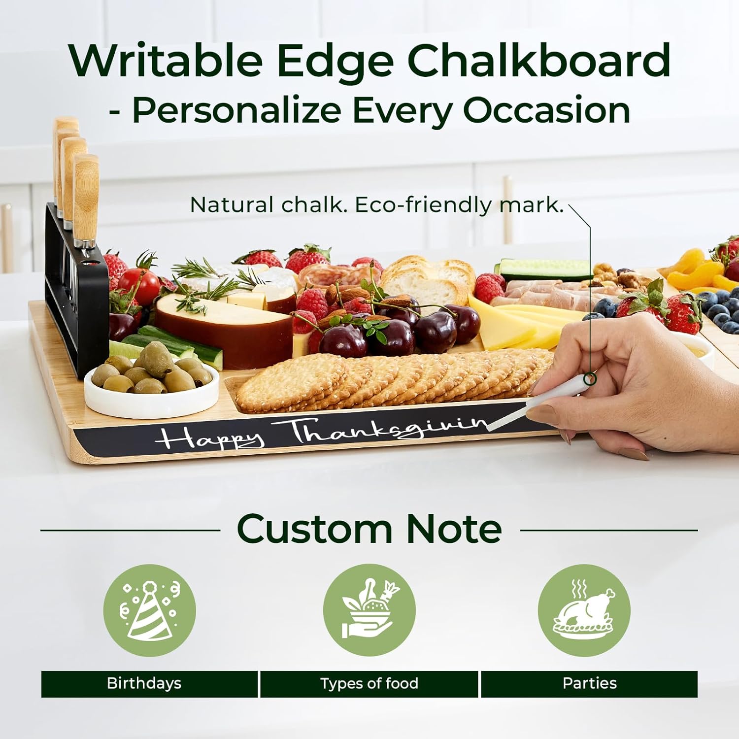 Charcuterie Boards Set of Christmas Gifts: Large Bamboo Cheese Board Set with Chalkboard Edge & Forks Set - Ideal for Housewarming Gift, Weddings, Bridal Showers, and Unique Gifts for Womem