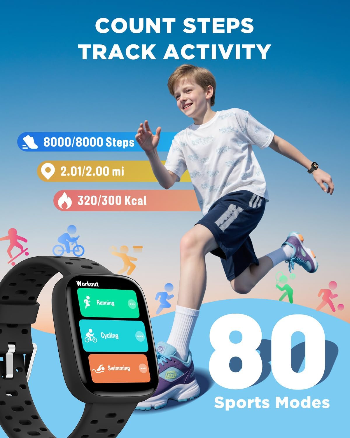 BIGGERFIVE Kids Watch No Phone Needed, 1.8" Amoled Smart Fitness Watch Pedometer, Heart Rate, Sleep Tracker, 30m Waterproof, Step Counter, Puzzle Games, 100+ Dials, Gifts for Boys Girls 5-16, Black