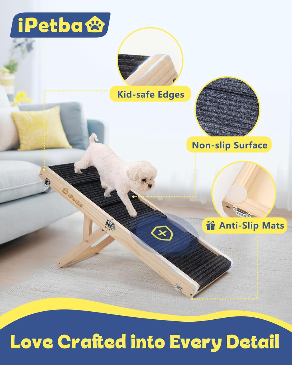 Dog Ramp for Couch & Low Bed - Joint & Spine Support with Gentle Incline for Small Dogs, Adjustable, Anti-Slip & Foldable, Up to 35 lbs