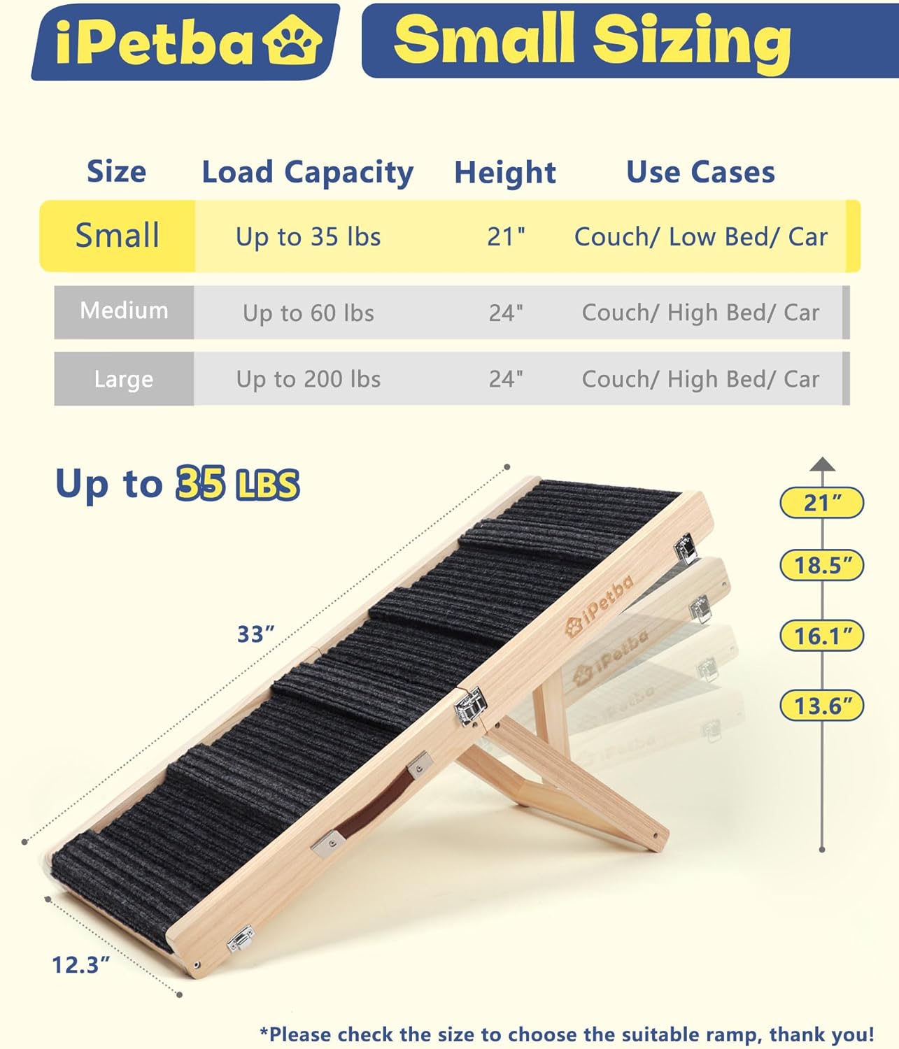 Dog Ramp for Couch & Low Bed - Joint & Spine Support with Gentle Incline for Small Dogs, Adjustable, Anti-Slip & Foldable, Up to 35 lbs