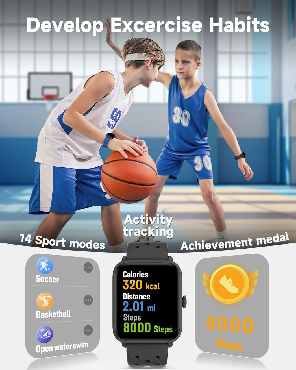 BIGGERFIVE Smart Watch for Kids Without APP, Fitness Tracker Watch Pedometer, Heart Rate, 5ATM Waterproof, Sleep Monitor, Calorie Step Counter, Games, Alarm Clock for Boys Girls 5-14, Porous Black