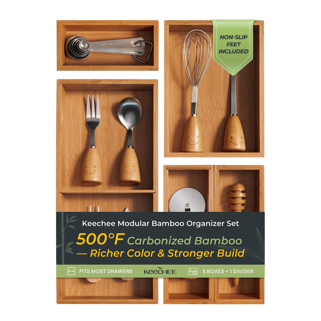 Carbonized Bamboo Kitchen Drawer Organizer, 10 Slots Expandable Silverware Organizer, Utensil Holder & Cutlery Tray, 2.2" Deep for Extra Capacity, Non-Slip Feet Included