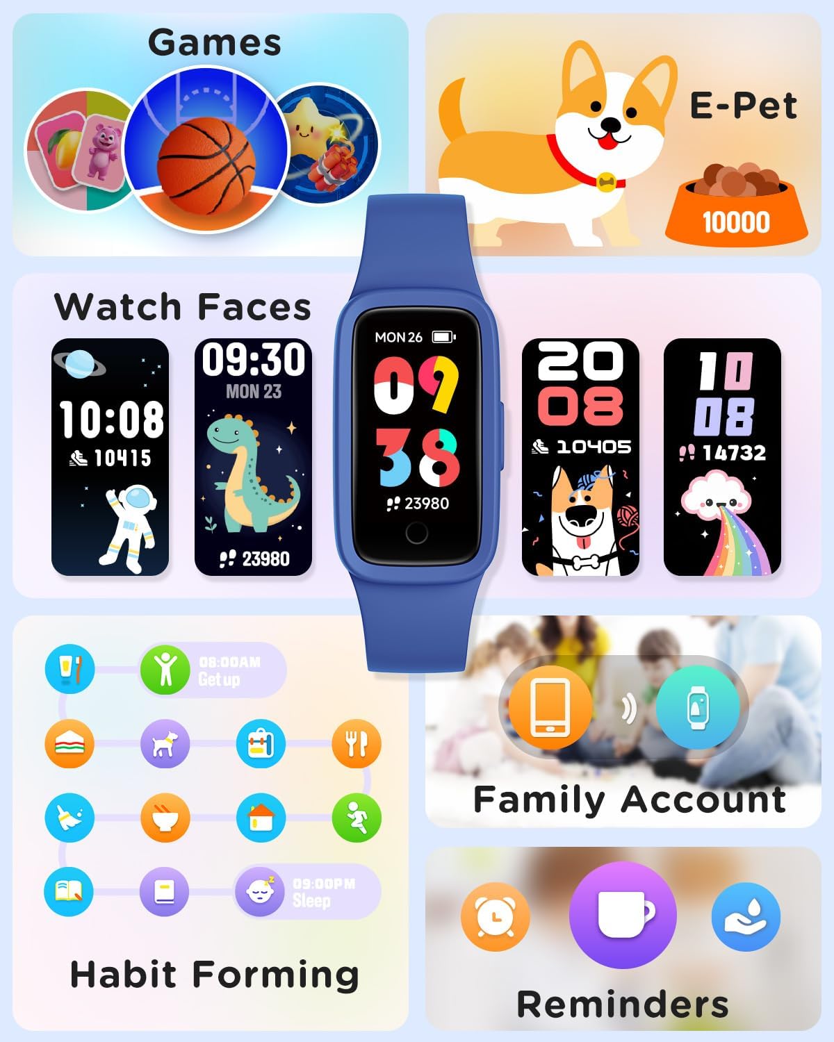 BIGGERFIVE Vigor 3 Kids Fitness Tracker Watch, AMOLED Screen, No App No Phone Needed, 3ATM Waterproof, Heart Rate and Sleep Monitor, Pedometer Watch, Sports Step Counter for Boys Girls Ages 5-15, Blue