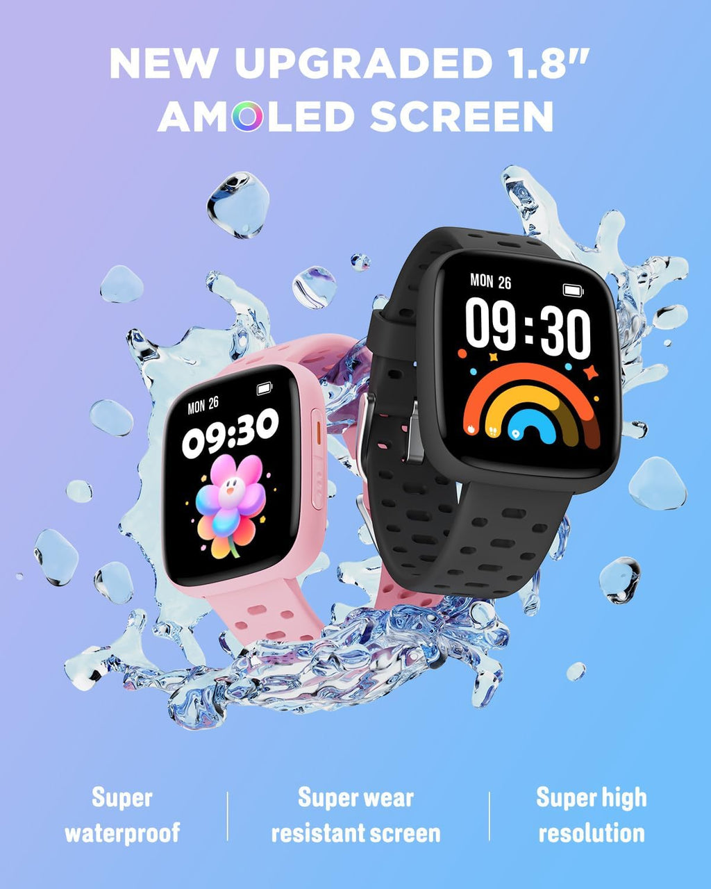 BIGGERFIVE Kids Watch No Phone Needed, 1.8" Amoled Smart Fitness Watch Pedometer, Heart Rate, Sleep Tracker, 30m Waterproof, Step Counter, Puzzle Games, 100+ Dials, Gifts for Boys Girls 5-16, Black