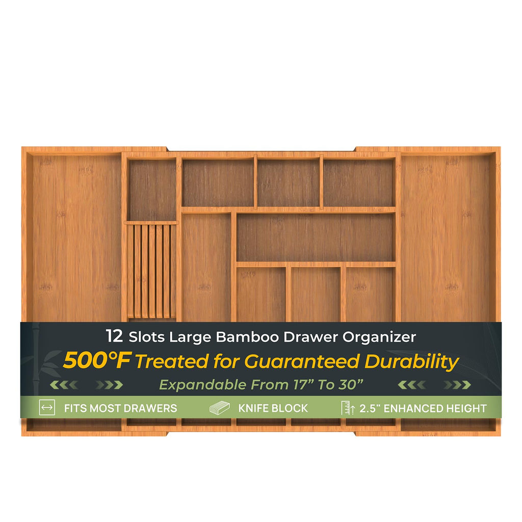 Carbonized Bamboo Kitchen Drawer Organizer, 10 Slots Expandable Silverware Organizer, Utensil Holder & Cutlery Tray, 2.2" Deep for Extra Capacity, Non-Slip Feet Included