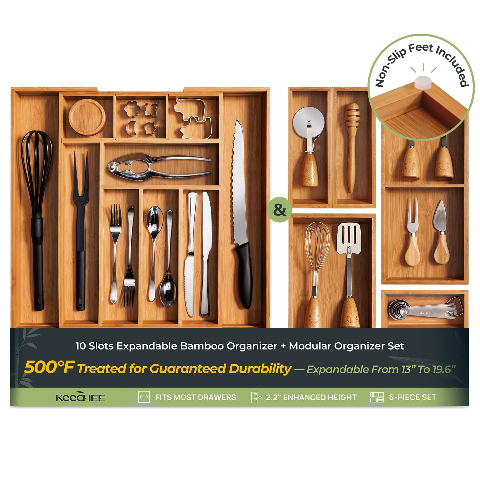 Carbonized Bamboo Kitchen Drawer Organizer, 10 Slots Expandable Silverware Organizer, Utensil Holder & Cutlery Tray, 2.2" Deep for Extra Capacity, Non-Slip Feet Included