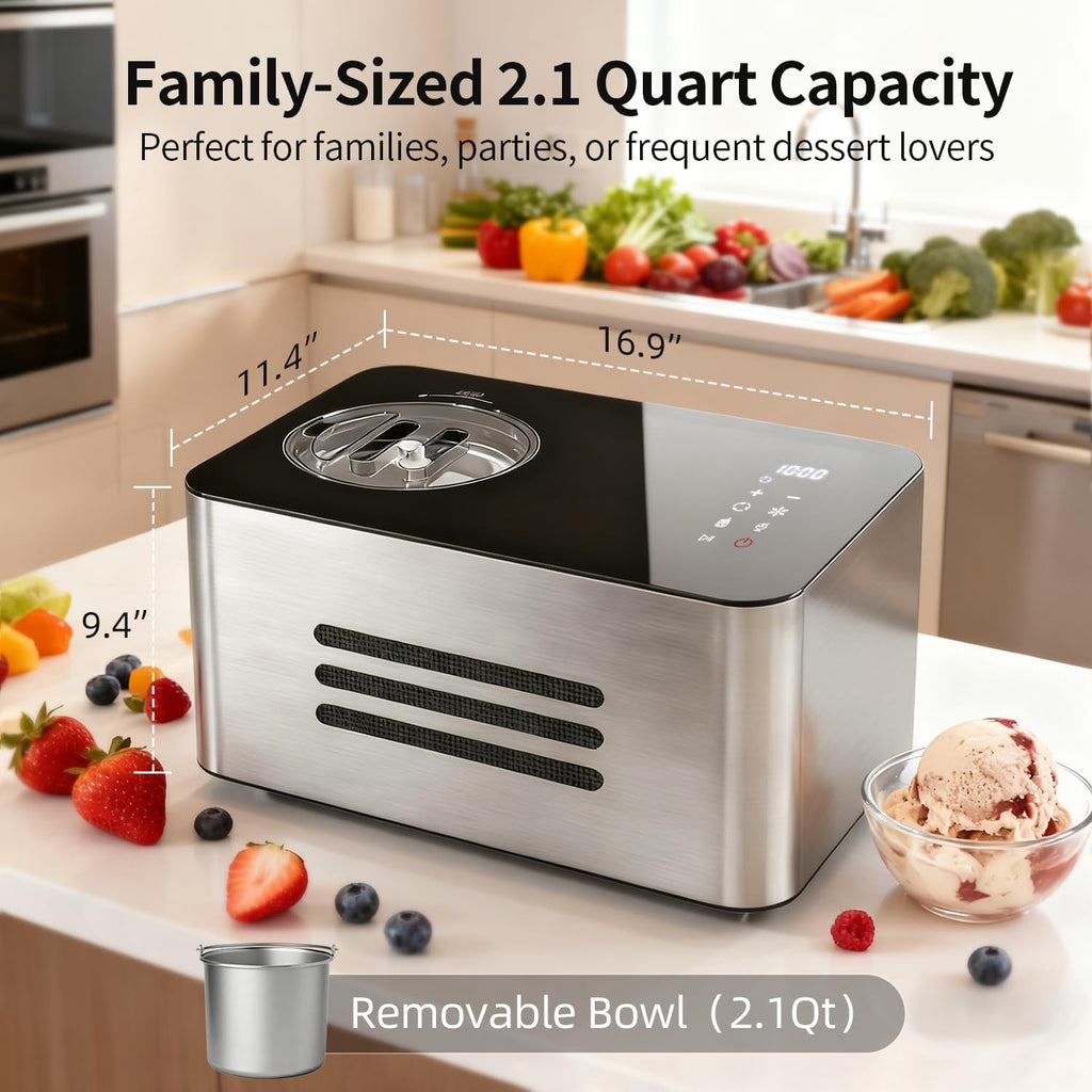 Ice Cream Maker Machine with Compressor: 2.1 Quart Stainless Steel Yogurt Maker - No Pre-Freeze Ice Cream Machine with LCD Display & Timer
