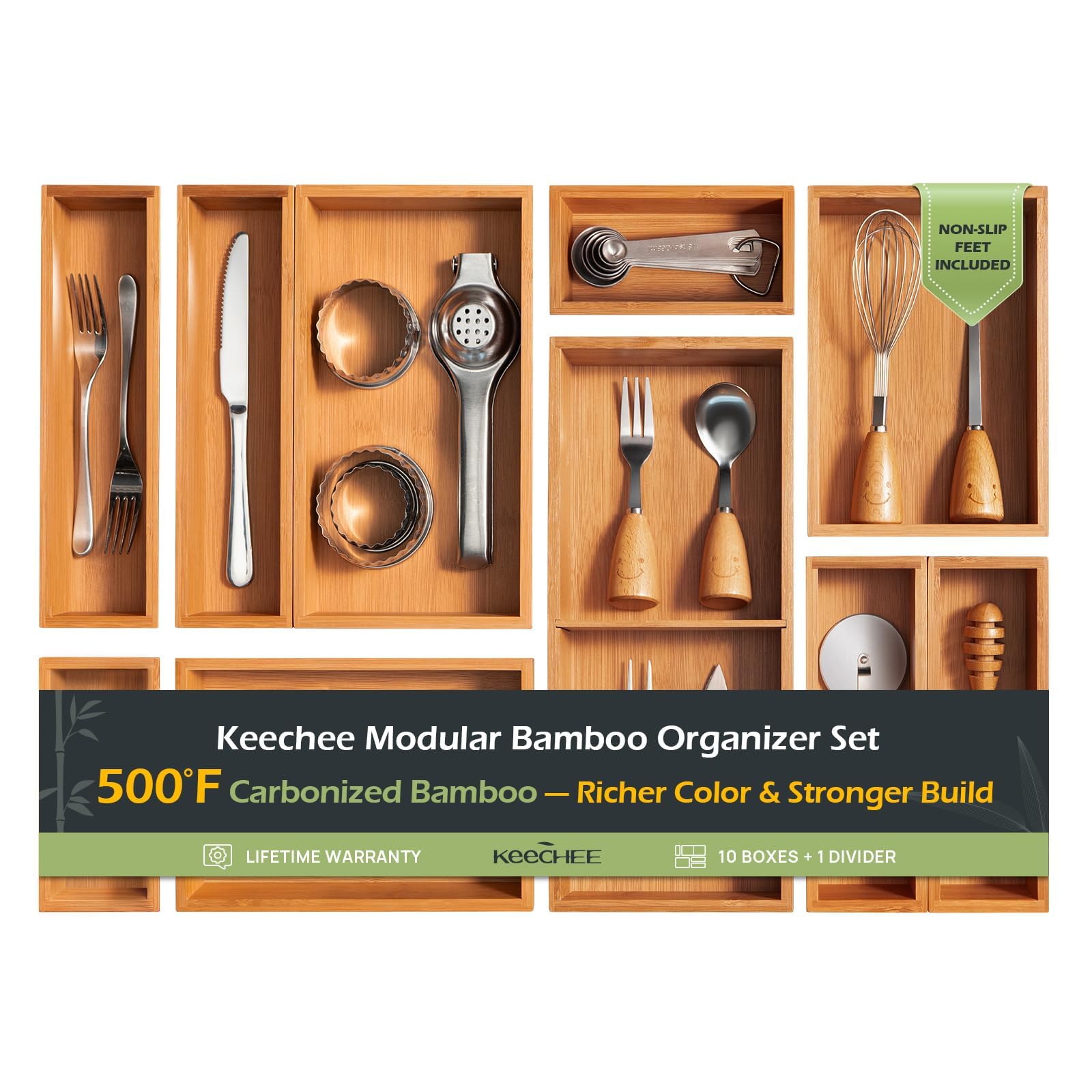 Carbonized Bamboo Kitchen Drawer Organizer, 10 Slots Expandable Silverware Organizer, Utensil Holder & Cutlery Tray, 2.2" Deep for Extra Capacity, Non-Slip Feet Included