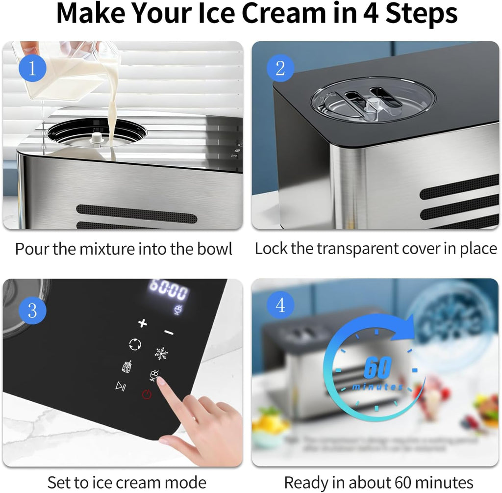 Ice Cream Maker Machine with Compressor: 2.1 Quart Stainless Steel Yogurt Maker - No Pre-Freeze Ice Cream Machine with LCD Display & Timer