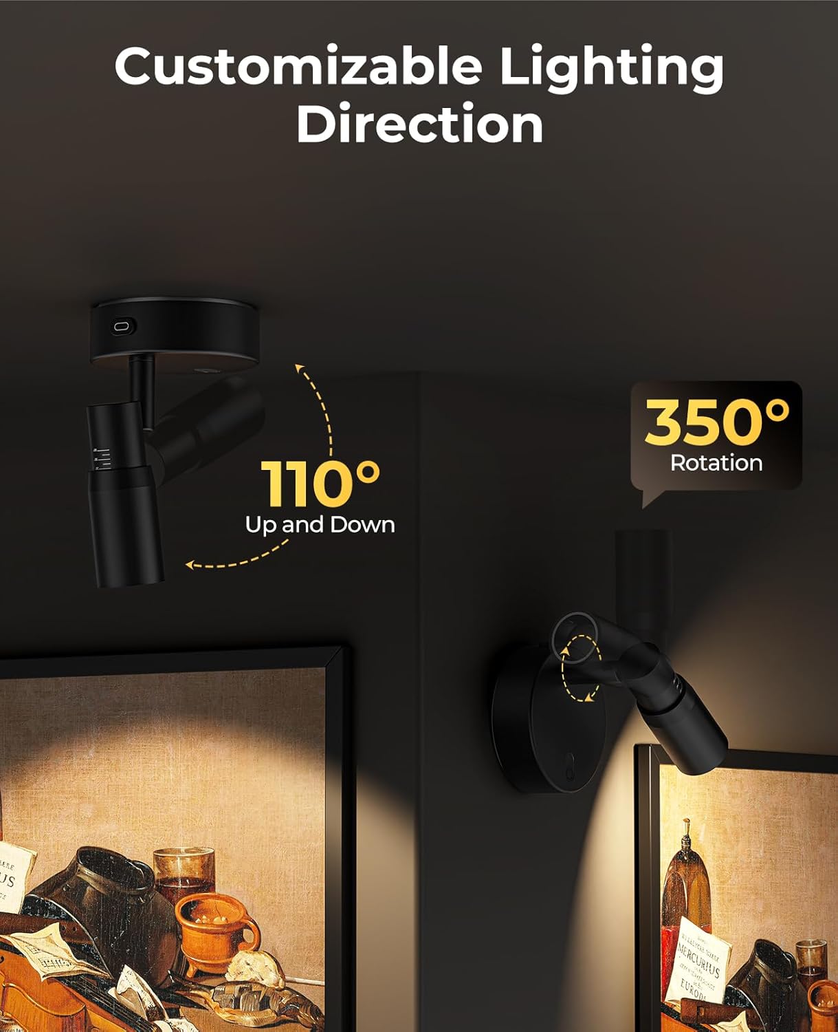 PESUTEN Spot Lights Indoor, Rechargeable Picture Light with Remote, Dimmable CCT Spotlight for Wall Art, 6000mAh Battery Uplights Indoor with Timer for Plant Artwork Painting Sofa Corner Black