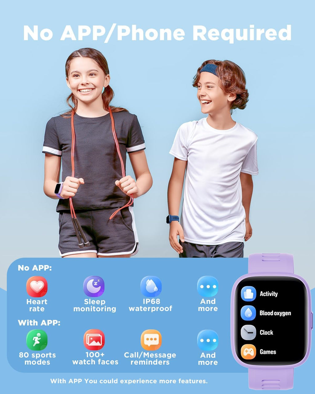 BIGGERFIVE Smart Watch for Kids, 1.8" Fitness Tracker Watch Pedometer, Heart Rate, IP68 Waterproof, Sleep Monitor, Calorie Step Counter, 5 Puzzle Games with/Without APP for Girls Teens 5-16