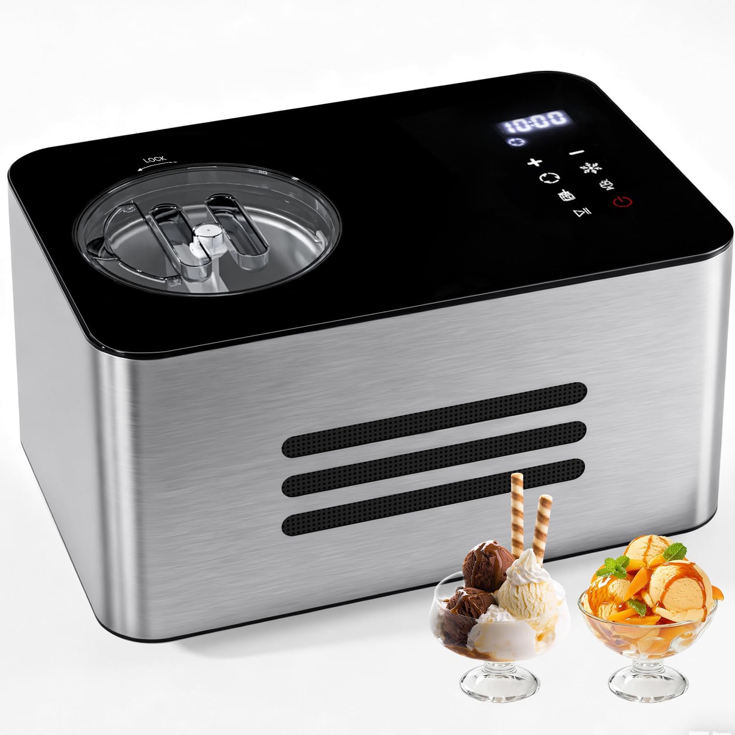 Ice Cream Maker Machine with Compressor: 2.1 Quart Stainless Steel Yogurt Maker - No Pre-Freeze Ice Cream Machine with LCD Display & Timer