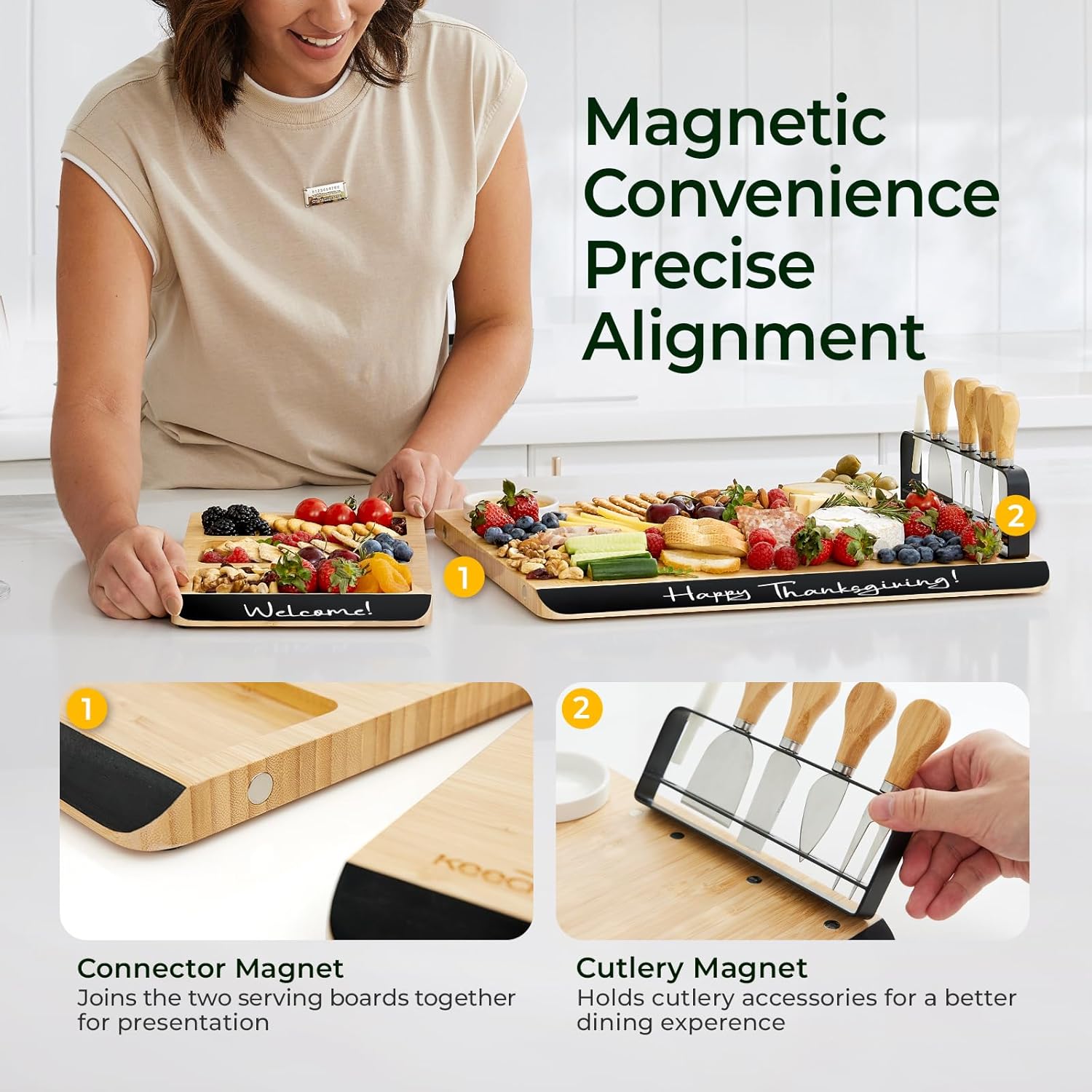 Charcuterie Boards Set of Christmas Gifts: Large Bamboo Cheese Board Set with Chalkboard Edge & Forks Set - Ideal for Housewarming Gift, Weddings, Bridal Showers, and Unique Gifts for Womem