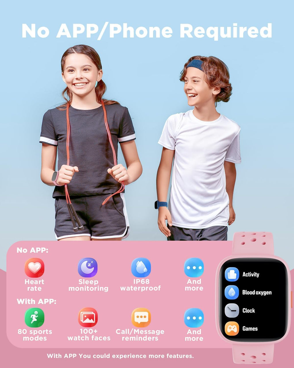 BIGGERFIVE Smart Watch for Kids, 1.8" Fitness Tracker Watch Pedometer, Heart Rate, Sleep Monitor, IP68 Waterproof, Calorie Step Counter, Puzzle Games with/Without APP for Girls Teens 5-16, Pink