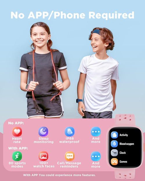BIGGERFIVE Smart Watch for Kids, 1.8" Fitness Tracker Watch Pedometer, Heart Rate, Sleep Monitor, IP68 Waterproof, Calorie Step Counter, Puzzle Games with/Without APP for Girls Teens 5-16, Pink
