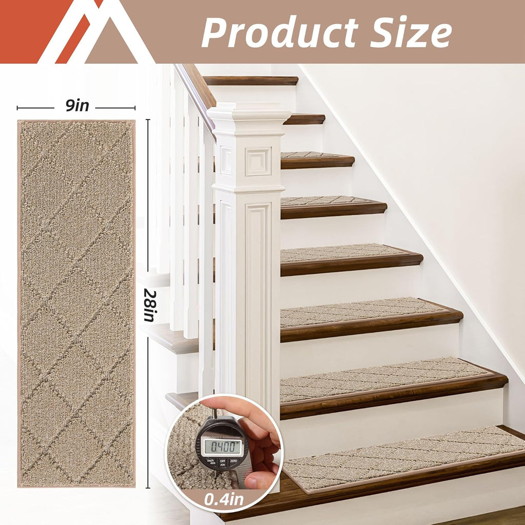 COSY HOMEER Edging Stair Treads Non-Slip Carpet Mat 28inX9in Indoor Stair Runners for Wooden Steps, Edging Stair Rugs for Kids and Dogs, 100% Polyester TPE Backing(4pc, Beige)